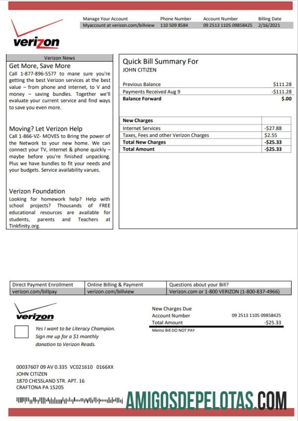 Para baixar modelo de fatura de serviços públicos da Verizon dos EUA em formato Word e PDF